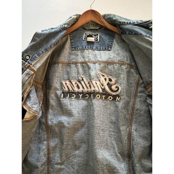 Vintage Indian Motorcycle oversized biker denim jacket embroidered sz L patches - Picture 14 of 16